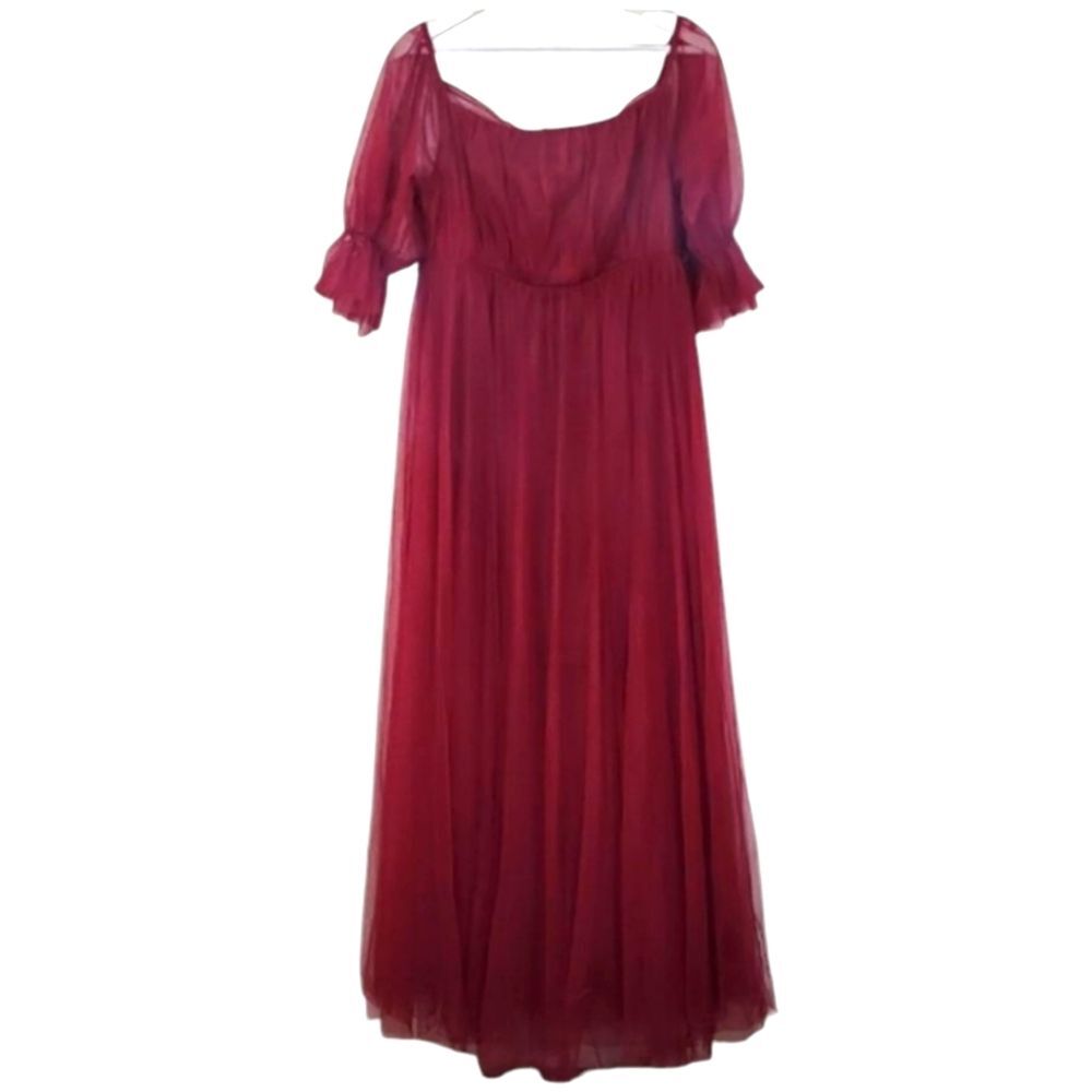 Ever Pretty Deep Red Maxi Tulle Gown with Puff Sleeves Size XL NWT